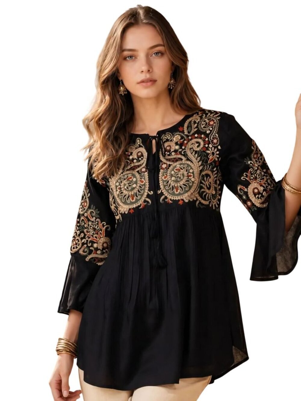 Winza Design Embroidered Rayon 3/4 Bell Sleeve Kurtis Top Tie Neck Size L*